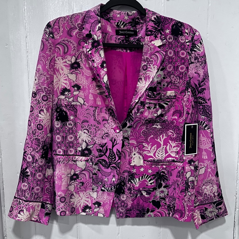 Juicy Couture Pink Silk Bunny Paisley Floral Blazer Jacket Womens Medium NWT